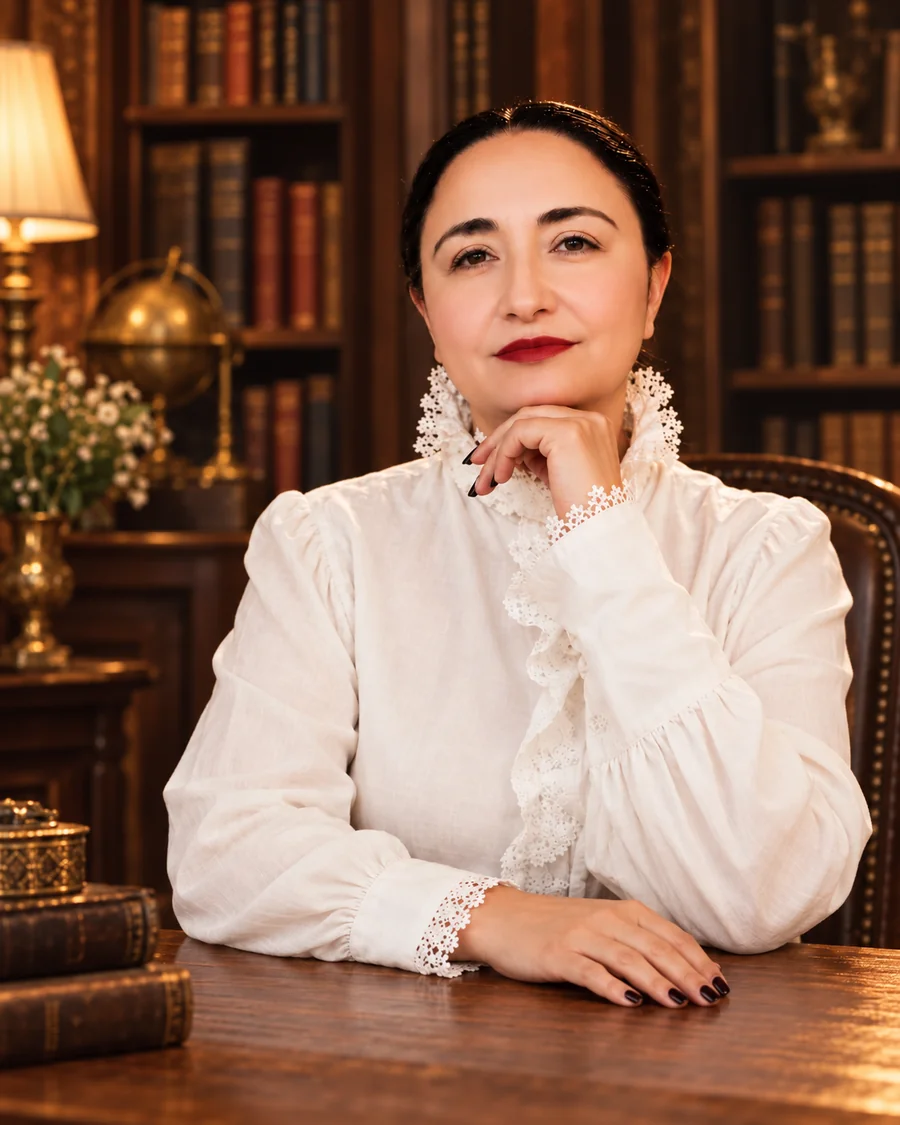 Olinda Guedes, sentada à mesa em sua biblioteca